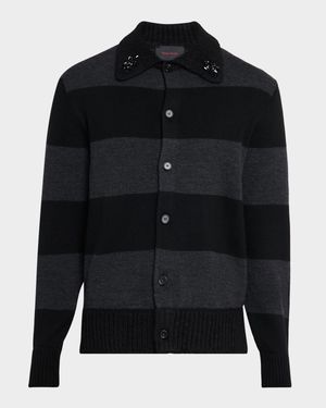 Men's Embellished Fuzzy Collar Rugby Cardigan