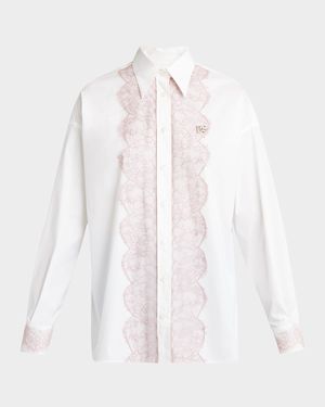 Lace-Trim Cotton Button-Down Shirt