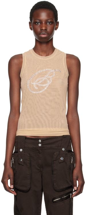 Blumarine Beige Rhinestone B Monogram Tank Top