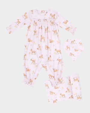 Girl's Little Fawn Smocked Long-Sleeve Romper, Bib & Blanket Set, Size 0M-24M