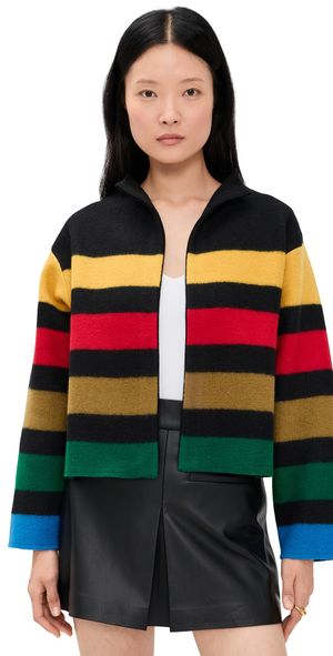 alice + olivia Pearson Collared Striped Sweater Jacket Black Multi L