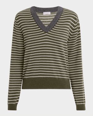 Striped Wool-Cashmere V-Neck Sweater