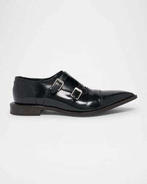 Men's Leather Point-Toe Double-Monk Strap Loafers