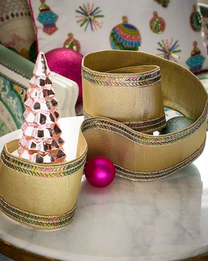 Iris Herringbone Rhinestone Metallic Dupion Ribbon, 4" x 5 Yards