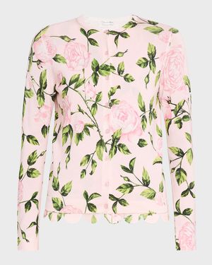 English Rose Printed Crewneck Cardigan With Scalloped Trim