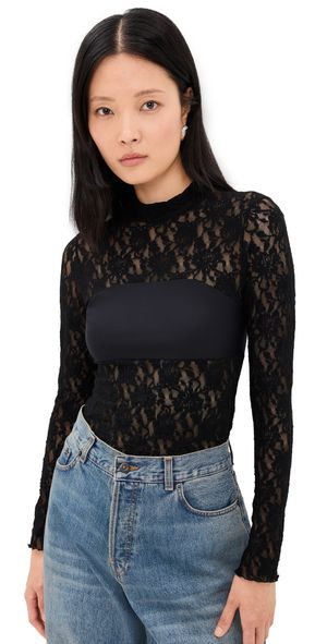 Hanky Panky Sig Lace Mock Neck Long Sleeve Bandeau Top Black L
