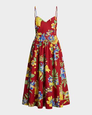 Tropical-Floral Cotton Poplin Dress