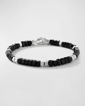 Men's Hex Bead Bracelet in Silver with Black Onyx, 6mm, 7.5"L