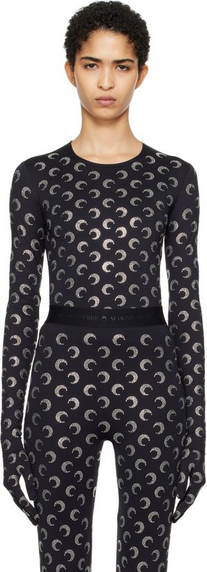 Marine Serre Black Recycled Moon Strass Jersey SS Crewneck Top