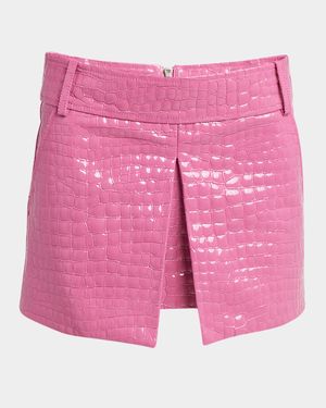 Croc-Embossed Glossy Leather Mini Skirt