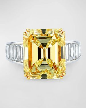 Platinum and 18K Yellow Gold Yellow Emerald Cut Diamond Ring with White Diamond Trapezoid Channel Sides, Size 6.5, 30.64tcw