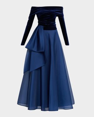 Off-Shoulder Ruched Side-Drape Gown