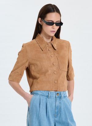 Zapa - Chemise droite en cuir velours - Taille 46 - Beige