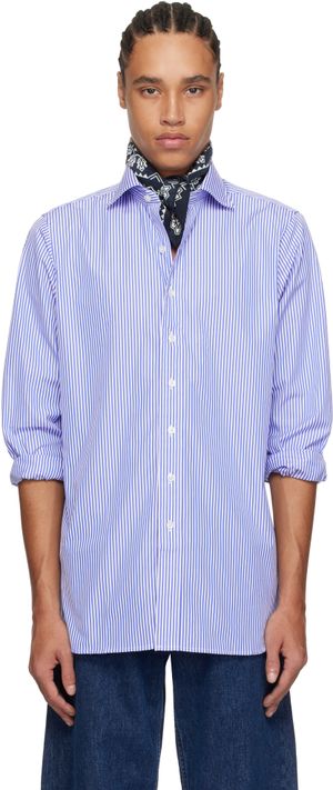Drake's White & Blue Bengal Stripe Cotton Poplin Shirt