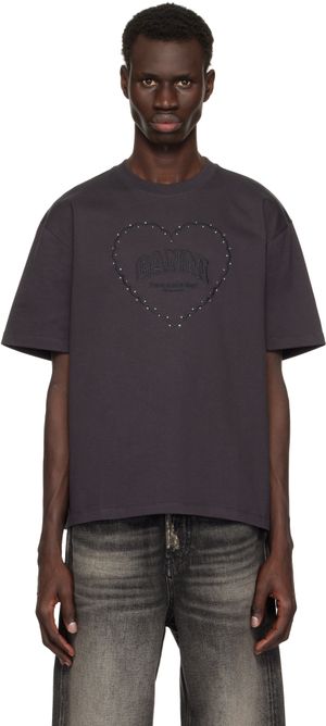 GANNI Black Heavy Cotton Drop Shoulder Heart T-shirt
