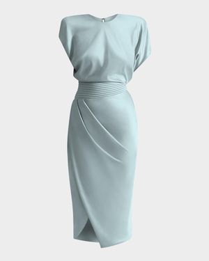 Bond Draped Stretch Satin Midi Sheath Dress