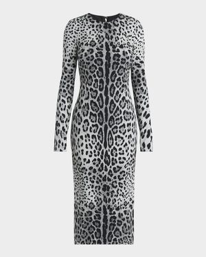 Leopard-Print Long-Sleeve Charmeuse Midi Dress
