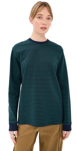 Tibi Striped Perfect Long Sleeve T-Shirt Navy/Green Multi M