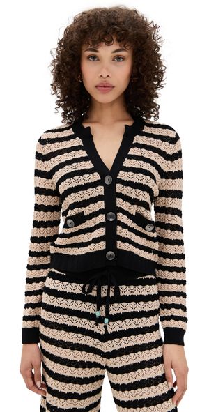 L'AGENCE Orla Pointelle Knit Cardigan Black/Natural Stripe XXL