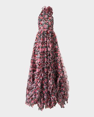 Corsage Halter Floral Ruffle Gown