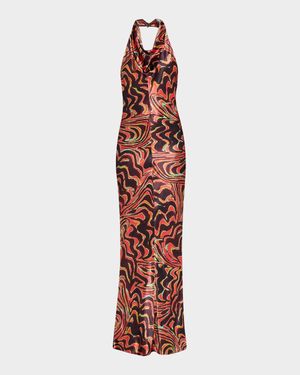 Wavy-Print Satin Cowl-Neck Halter Gown