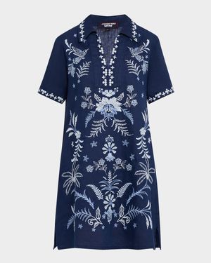 Winona Floral-Embroidered Linen Dress