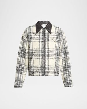 Men's Leather-Collar Check Boucle Jacket