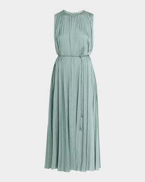 Fianna Belted Pleated Satin Midi Dress
