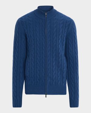 Men's Cashmere Cable Knit Full-Zip Sweater with Pockets