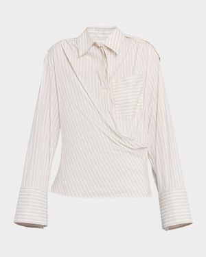 Lace Pinstripe Cotton Wrap Blouse