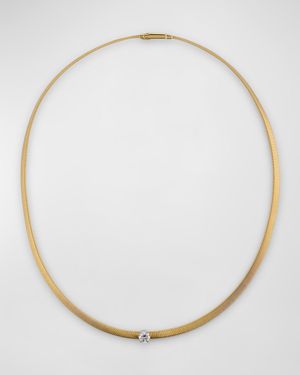 18K Yellow Gold Coil Collar Necklace with Single Cushion-Cut Diamond