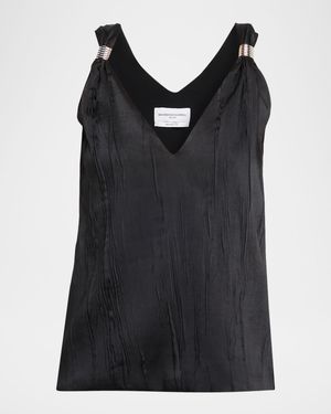 Drew Plunging Ring Crinkle Satin Tank Top