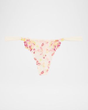 Folie D'Ete Floral-Embroidered Tulle Thong