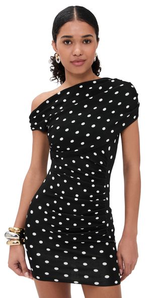 Self Portrait Polka Dot Draped Knit Mini Dress Black / White M