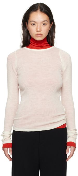 AURALEE Pull blanc cassé en tricot côtelé de laine à col ras du cou
