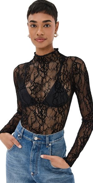Good American Lace Long Sleeve Thong Bodysuit Black001 M