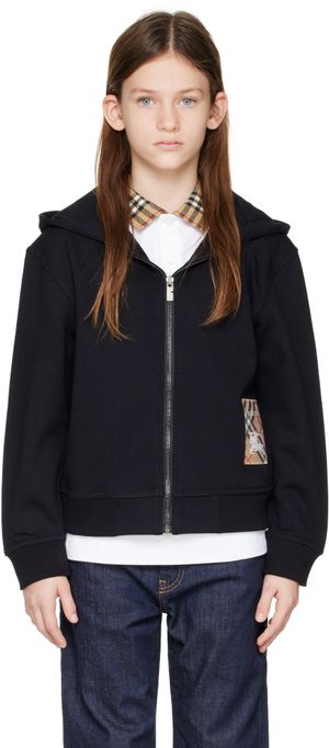 Burberry Enfant | Pull à capuche noir en coton à écusson à carreaux et à glissière