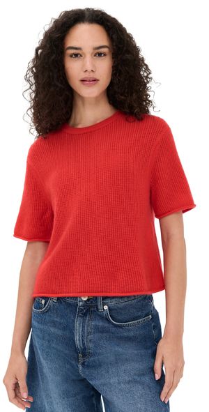 White & Warren Cashmere Waffle Mesh Tee French Red L