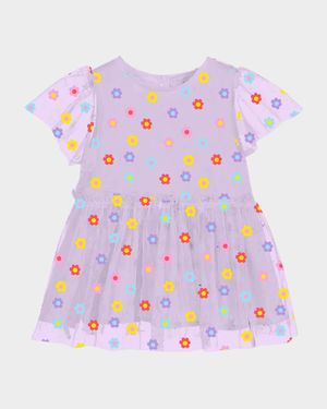 Girl's Flowers Tulle Short-Sleeve Dress, Size 6M-18M