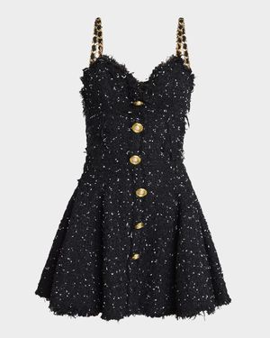 Chain-Straps Polka Dot Tweed Mini Dress