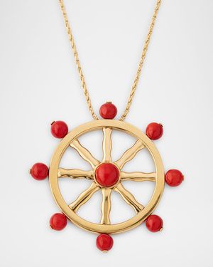 Estate 18K Yellow Gold Coral Boat Wheel Pendant Necklace