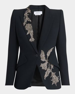 Floral Crystal One-Button Crepe Blazer
