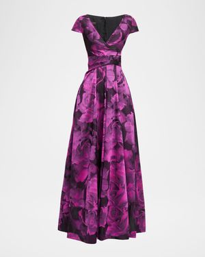 Long Draped Rose Jacquard Dress