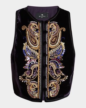 Embellished Paisley Velvet Cropped Vest
