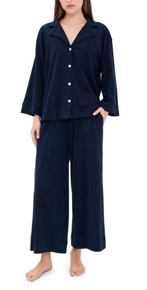 Petite Plume Pima Cotton Navy Wide Leg Pajama Set Navy XS