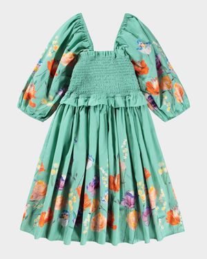 Girl's Chipie Smocked Floral Cotton Puff-Sleeve Dress, Size 7-12