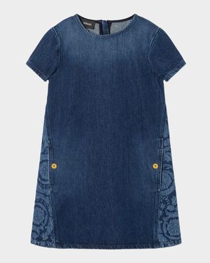 Girl's Short-Sleeved Shift Denim Dress, Size 6-14
