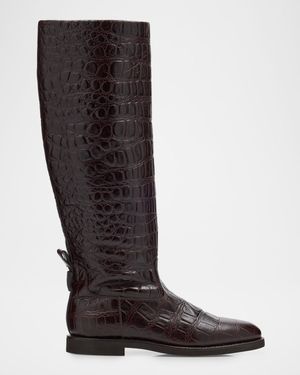 Croco Embossed Leather Knee Boots