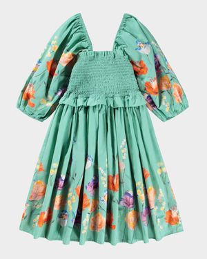 Girl's Chipie Smocked Floral Cotton Puff-Sleeve Dress, Size 3T-6