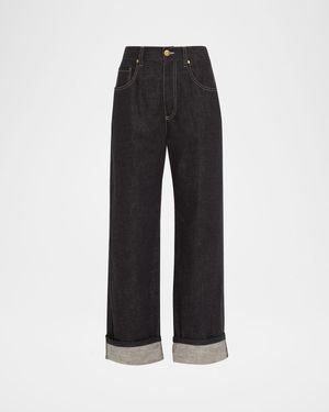 Dark-Wash Wide-Leg Cuffed Jeans